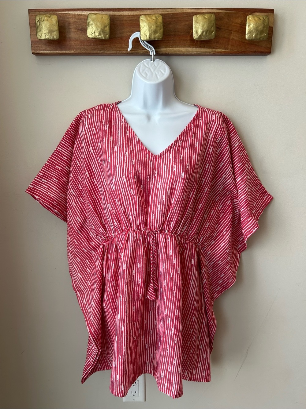 🟢 5 for $25 🟢 Vibrant Red Striped V-Neck Drawstring Tunic Beachy Coverup Size XL
